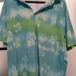 Blue and Green Tie-Dye Shirt with Clover Pattern, Sunday Swagger